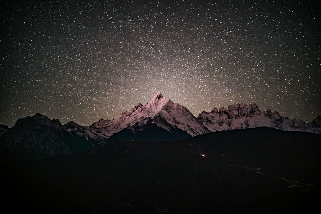 The night sky with stars above a mountain range
