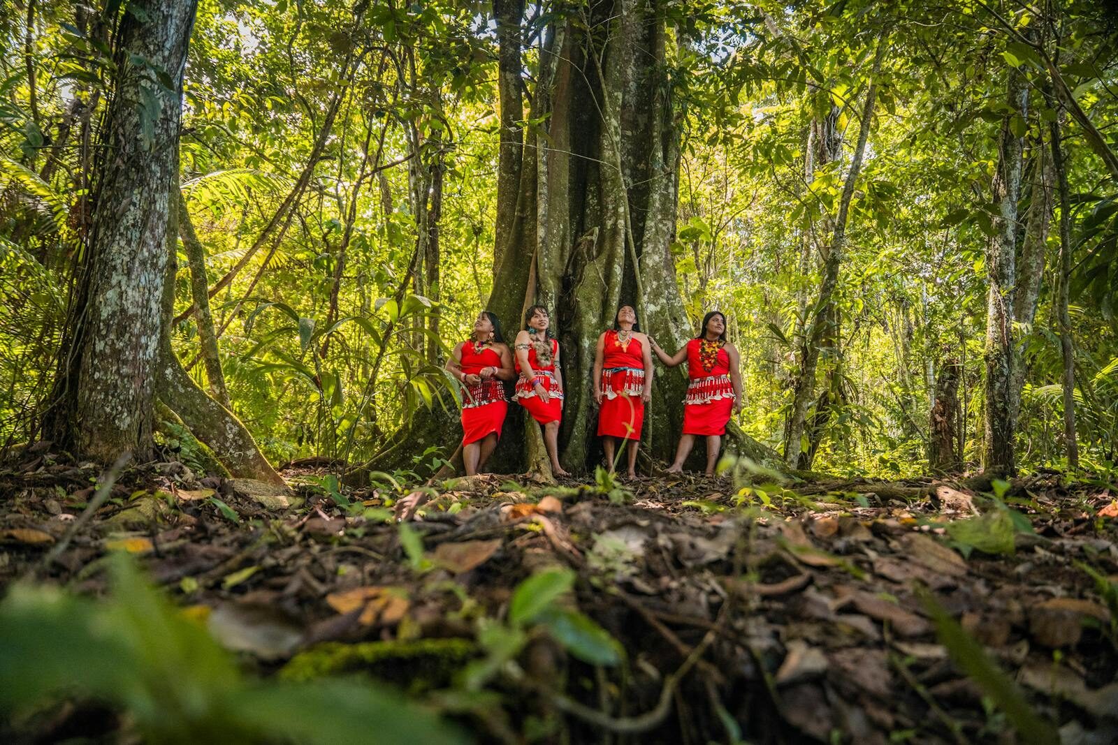 Portrait of indigenous women in traditional attire in the lush forests of San Martín, Perú.